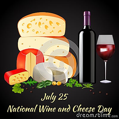 Postcard 25 July International Day Wine and Cheese with bottle and glass of cheese and grapes Vector Illustration