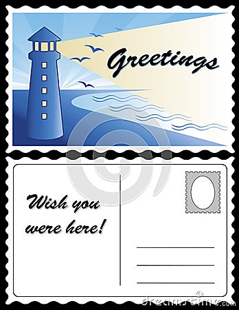 Postcard, Lighthouse Ocean Dawn Landscape Vacation Vector Illustration