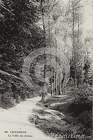 Postcard from 1912 in Linkebeek, showing the walkway promenade the la VallÃ©e des Artistes, Wijnbrondal Editorial Stock Photo