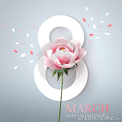 March 8. Happy womens day. Stylish greeting design with peony Vector Illustration