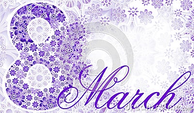 Postcard March 8. violet-white lace background. Women`s holiday. Place for text. Stock Photo