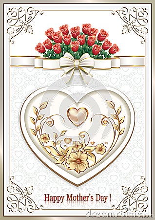 Postcard for Mother`s Day with a heart and flowers Vector Illustration