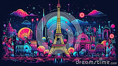 Postcard with night Paris, the Eiffel Tower, geometric neon style Stock Photo
