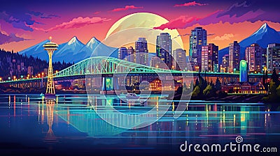Postcard with night Vancouver, neon style. Stock Photo