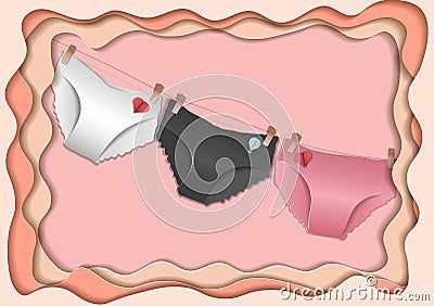A postcard in the papercut style . panties of different colors made of paper on a rope. on a pink background Stock Photo