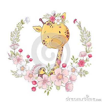 Postcard poster cute little giraffe in a wreath of flowers. Hand drawing. Vector Vector Illustration