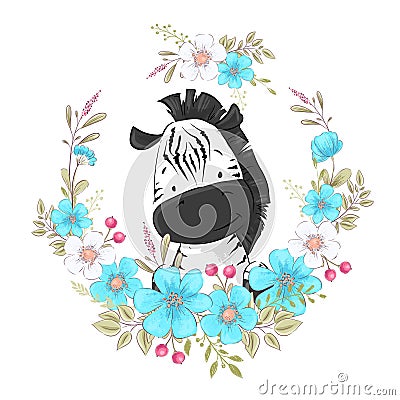 Postcard poster cute little zebra in a wreath of flowers. Hand drawing. Vector Vector Illustration