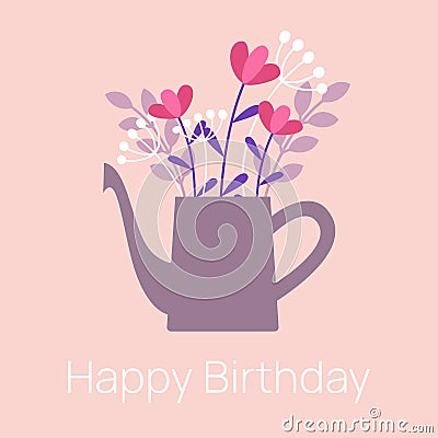 Postcard, poster. Happy Birthday. Garden watering can with a bouquet. Vector illustration. Vector Illustration