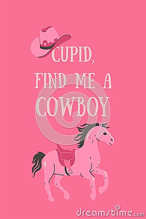 Postcard or poster in pink with a horse and a cowboy hat. Vector graphics Vector Illustration