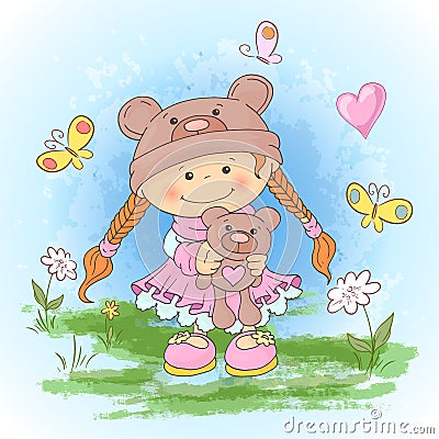 Postcard print with a cute girl in a suit of bears with a toy. Cartoon style Cartoon Illustration