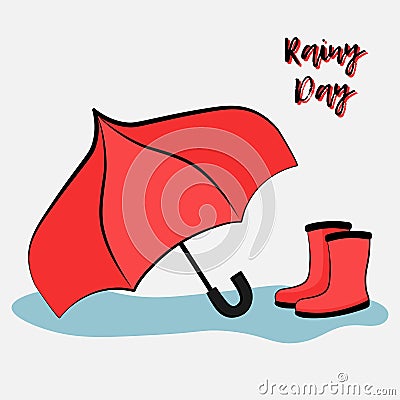 Postcard vector flat llustration of a pair of red rainboots and an umbrella Vector Illustration