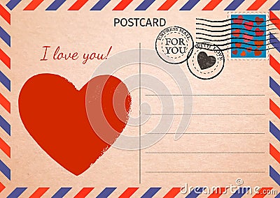 Postcard. Red Heart and words I love you. Air Mail. Postal card Vector Illustration