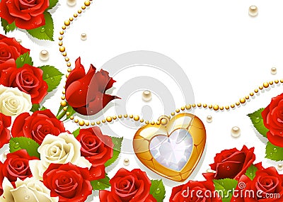 Postcard with roses, pearls and medallion Vector Illustration