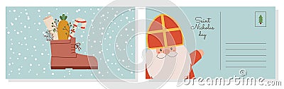 Postcard for Saint Nicholas Day. Sinterklaas Eve. Cute character gnome, shoe with carrot, note, lollipop candy. Vector Vector Illustration