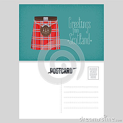 Postcard with Scottish traditional skirt kilt vector illustration Vector Illustration