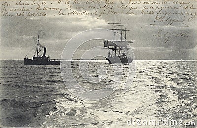 Postcard from a seascape with sailship and steam engine vessel at sea from 1904 Editorial Stock Photo