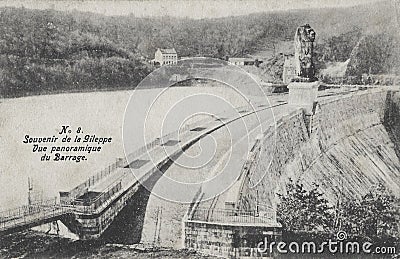 Postcard from 1906 showing theGileppe Dam French Barrage de la Gileppe Stock Photo