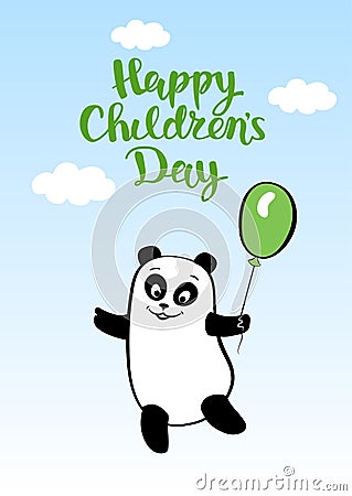 Postcard smiling cartoon bear panda with balloon for children day Vector Illustration