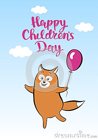 Postcard smiling cartoon fox with balloon for children day Vector Illustration