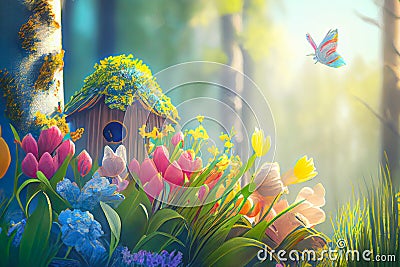 Postcard spring summer illustration, a birdhouse among blooming tulips and blue flowers, a dying butterfly in a fairy Cartoon Illustration