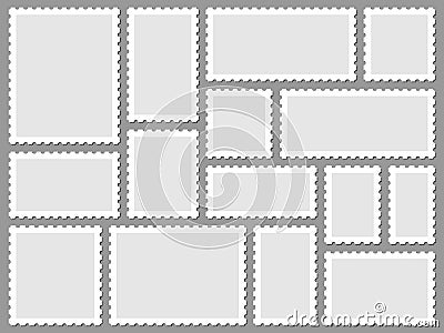 Postcard stamp frames. Blank postage stamps, empty postmark and square mark frame border vector set. Clean postal office Vector Illustration