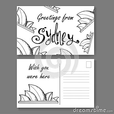 Postcard from Sydney. Hand drawn lettering and sketch. Greetings from Australia. Vector illestration Vector Illustration