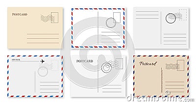 Postcard template. Blank vintage postal card with post stamp for greeting message, invitation letter posting report of Vector Illustration