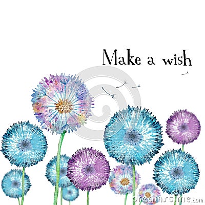 Postcard template or design with watercolor fluffy dandelions, seeds or parachutes fly in the wind. Text make a wish. Hand drawn Stock Photo