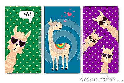 Postcard template with llamas. Funny animals on a colored background. Vector Illustration