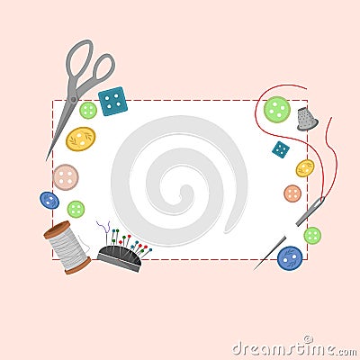 Postcard template with sewing tool kits. Buttons, spool of thread, needle, pin cushion. Vector Illustration