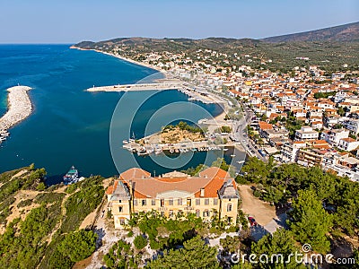 Postcard from Thassos. Aerial view of Limenaria Castle, now abandoned and Limenaria town and port Stock Photo
