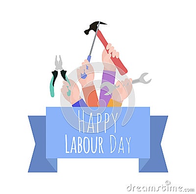 Postcard to the Day of Labor. Working with tools. Ribbon with congratulations. Vector Illustration