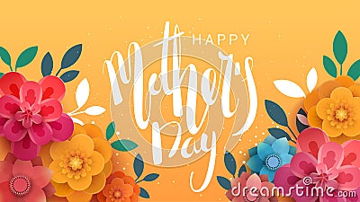 A postcard to the mother's day, with paper flowers and letterin. Cartoon Illustration