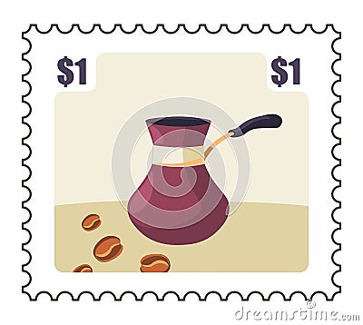 Postal mark with Turkish cezve and coffee beans Vector Illustration