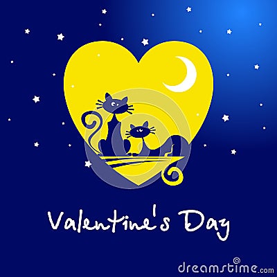 Postcard for Valentine`s Day. Loving cats looking at the moon Vector Illustration