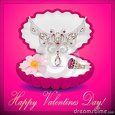 Of a postcard on Valentines day with a necklace ri Vector Illustration