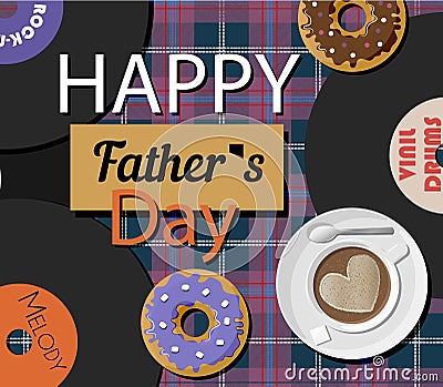 A postcard with vinyl records and doughnuts for father s Day. An illustration with an English cage in dark pink and blue Vector Illustration