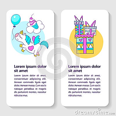 Postcards with gifts and cute unicorn with wings. Vector illustration. Vector Illustration