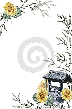 Postcards from an old rustic well. Isolated on white background. Cartoon Illustration