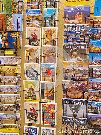Postcards at a souvenir shop in Florence - FLORENCE / ITALY - SEPTEMBER 12, 2017 Editorial Stock Photo