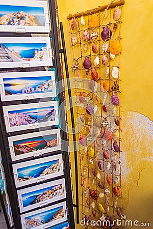 Postcards and souvenirs on display Pyrgos Kallistis Santorini Greece Editorial Stock Photo