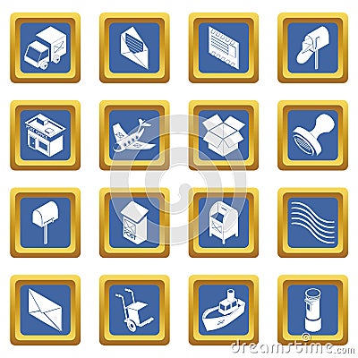 Poste service icons set blue square vector Vector Illustration