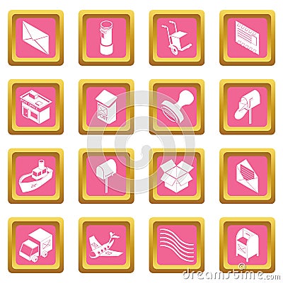 Poste service icons set pink square vector Vector Illustration