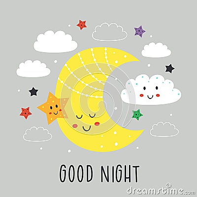 Poster with cute moon,star and cloud Vector Illustration