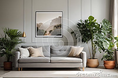 Poster above white cabinet with plant next to grey sofa Stock Photo