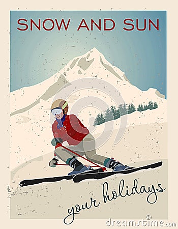 Poster. Advanced woman skiers slides near the mountain downhill. Cross-country skiers. Sports descent on skis from the Vector Illustration