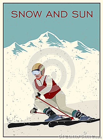 Poster. Advanced woman skiers slides near the mountain downhill. Cross-country skiers. Sports descent on skis from the Vector Illustration