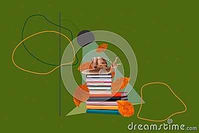 Poster advert collage of small snail crawling on copybook textbook stack bookstore school season discount concept Stock Photo