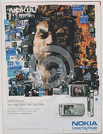 Poster advertising Nokia Nseries N70 phone in magazine from 2005, NOKIA Connecting People slogan, See, Hear, Feel New, slogan Editorial Stock Photo