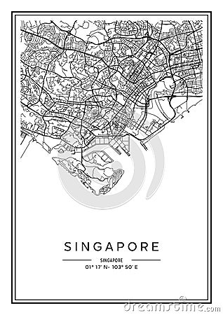 Black and white printable Singapore city map, poster design. Vector Illustration